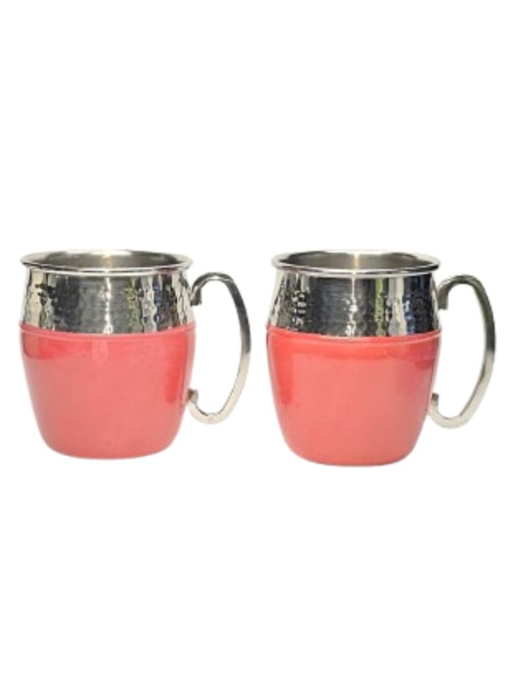 Set of 2 Coral Pink & Silver Hammered Stainless Steel Mugs Cups with Handles